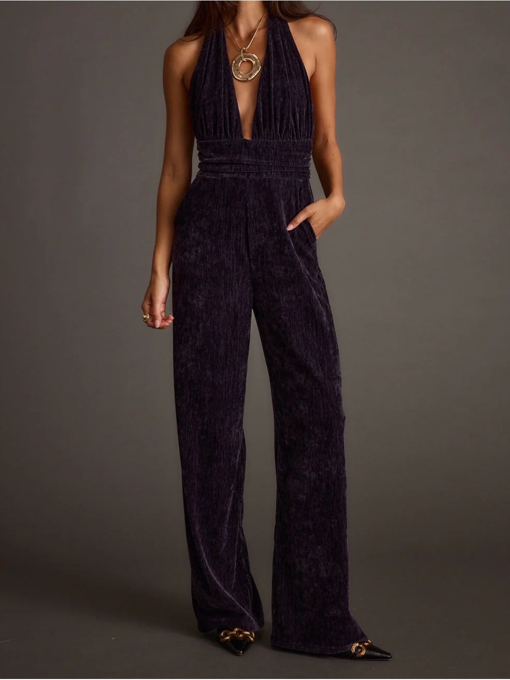 12th Tribe Limelight Midnight Velvet Halter Jumpsuit
